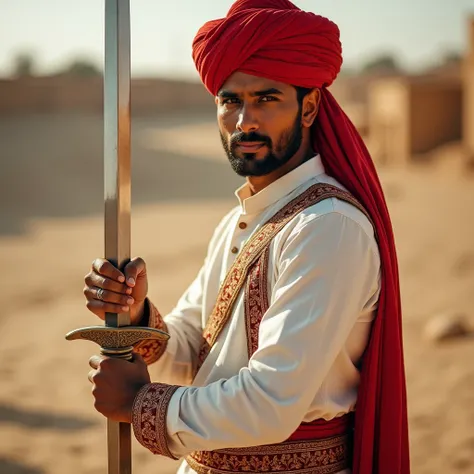 A close-up of Arjun A handsome young Rajasthani man in traditional attire, wearing a white kurta and dhoti with a vibrant red turban unsheathing his father’s old sword, the blade gleaming under the harsh desert sunlight, symbolizing his resolve."