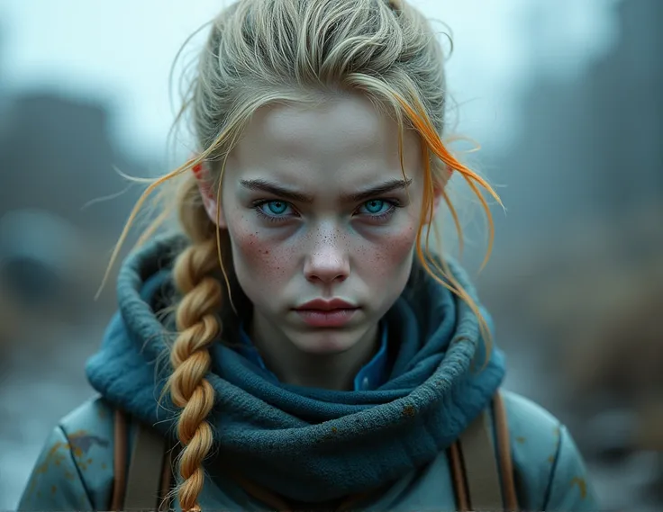 a humanoid young women, light blue-gray skin in all her body, blue eyes, dark blonde hair with orange highlights, light blue-gray skin  wearing simple winter clothes,  light blue-gray skin, staring at viewer, anger wet and dirt, combat scene long shoot, fu...