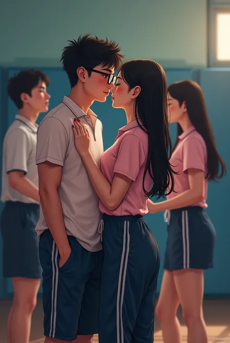 At the uncrowded gym, ,  nerdy young man wearing good looking glasses, handsome schoolgirl, tall Asian with Asian woman kissing suckily, Man opens his mouth ,  kissing the tongue, define , Lust,  Sexual Desire, A man is a young student president aged 17 we...