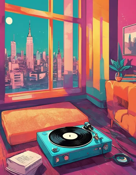 graphic design, avant-garde pop art. stylish retro illustration of a record player in a room with a city view, emotional illustr...