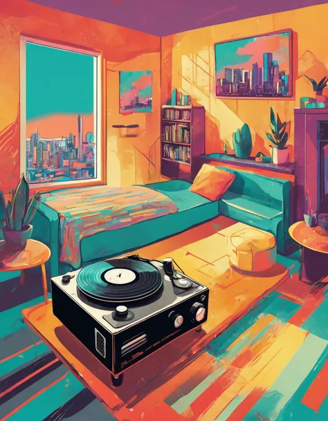 graphic design, avant-garde pop art. stylish retro illustration of a record player in a room with a city view, emotional illustr...