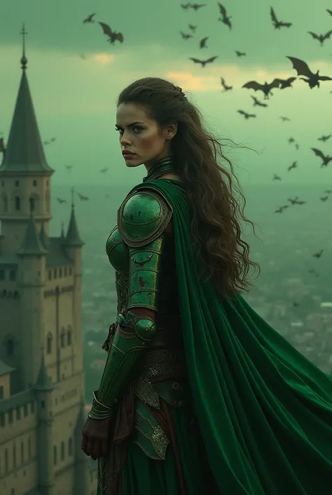  A beautiful girl with long, wavy hair is wearing green armor with blood flowing through it., "suttanipata"Im looking down from the castle with the bats with the text “.