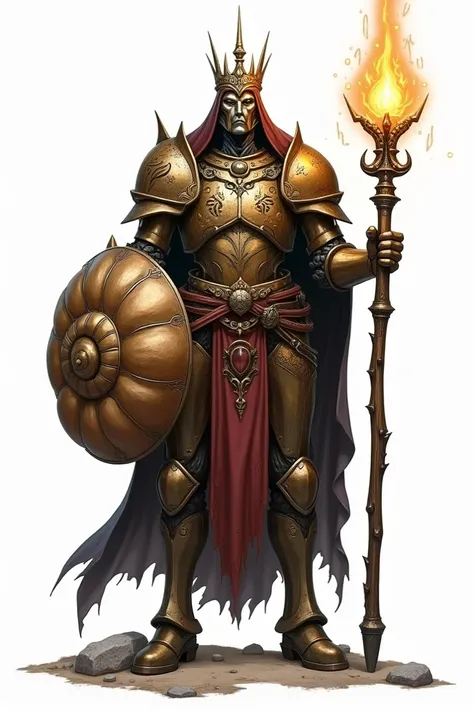 "Design a towering Warforged Cleric of the Forge with a metallic body intricately crafted with fine details. The Warforged carries a scepter adorned with holy runes, and a spiral shield forged from the shell of a giant snail. The character wears a glowing ...