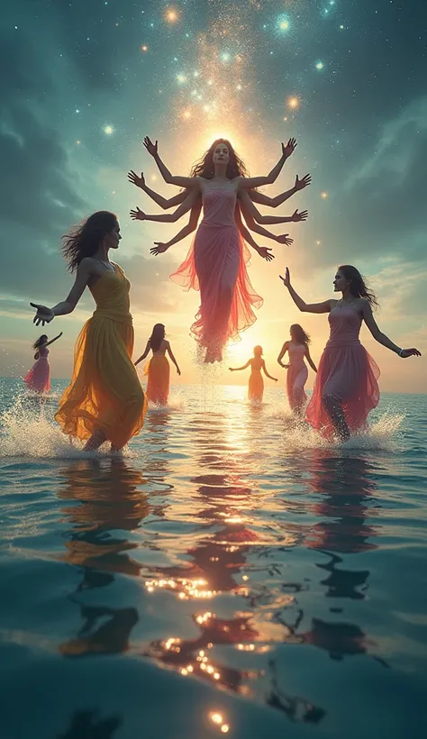 (best quality,8k,realistic),abstract, fantasy, sci-fi, space, people dancing on the sea surface,, detailed water reflections, vibrant colors, , flowing dresses, sunlight shining through the waves, joyful atmosphere, crisp details, , sparkles, water splashe...