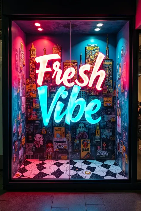 WINDOW DISPLAY, The graffiti should include stylized words like "Fresh", "Vibe", "Stay Cool", and "Authentic", The graffiti should include stylized words like "Fresh", "Vibe", "Stay Cool", and "Authentic", lighting in vibrant colors (pink, blue, orange, an...