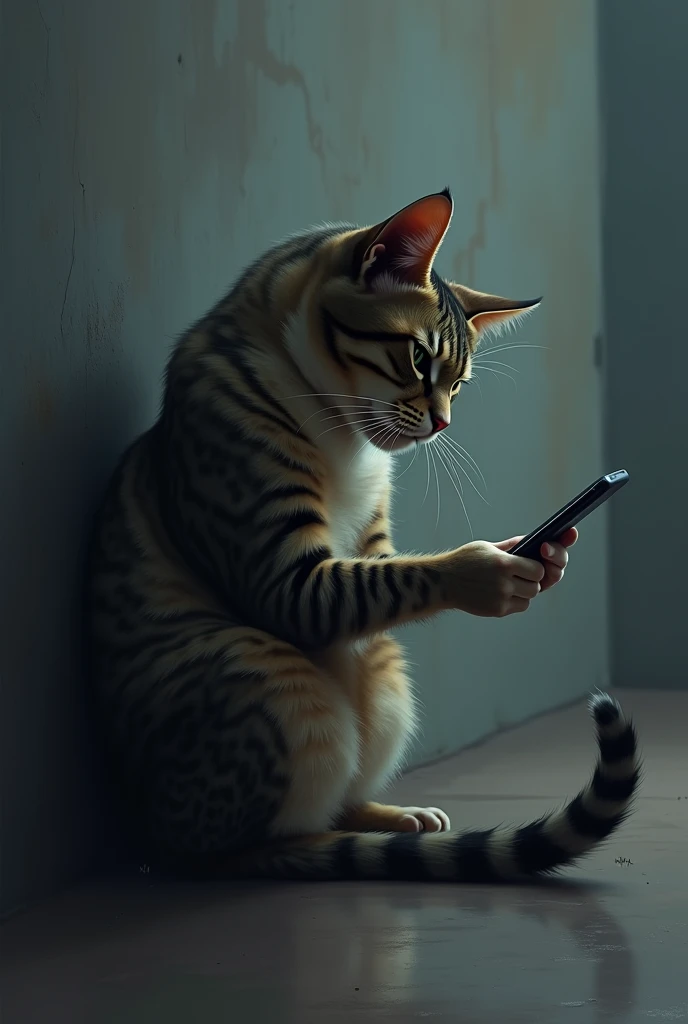 Make a cat that wants to commit suicide but has an iPhone in its hand 