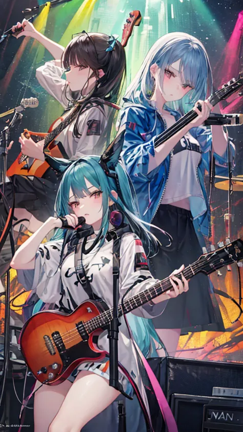 two anime girls with guitars and microphones at a concert, nightcore, from  arknights, girls frontline style,  anime cover ,  ar...