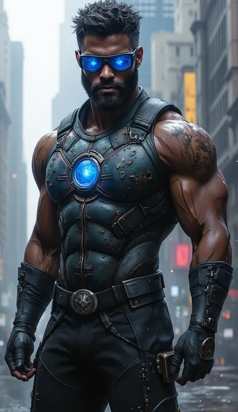 black mature man, african mature , defined and hairy physique, shirtless, futuristic blue screen glasses, cyberpunk glove, reactor core on the chest with blue light,cyber mercenarie ,  tight black cyberpunk pants, imposing, in a cyberpunk city, masterpiece...