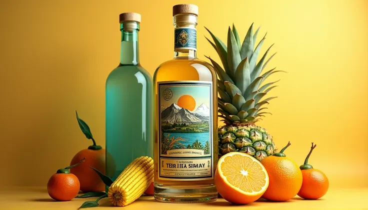  to label a bottle of aesthetic tequila that includes Sierra Nevada de Santa Marta,  Valledupar ,  Rio Guatapuri , piña, oranges, corn, passion fruit,  taking into account only the colors yellow , orange, green, Water blue .  to look elegant, expensive and...