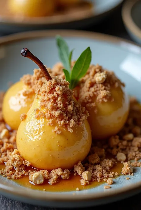 Roasted Pears with Oat Crumble and Orange Juice Reduction.


