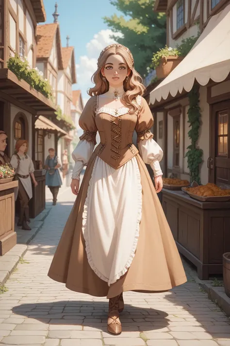 Generate a young beautiful woman, very detailed face, full body display, medieval  noble clothes, big hazel eyes, long wavy light brown hair, walking in the towns street