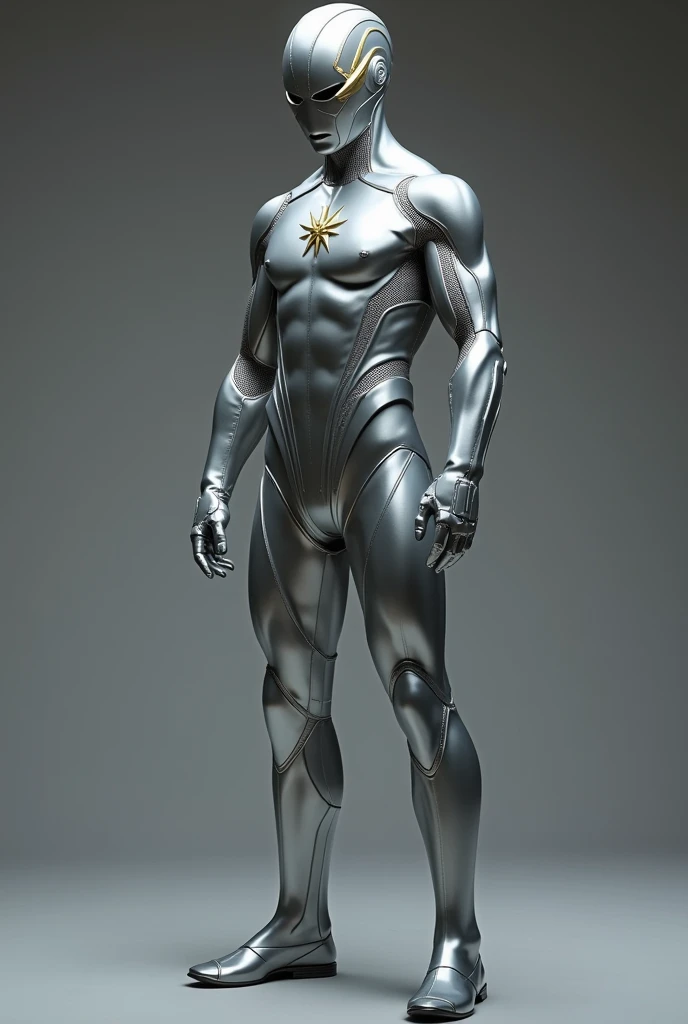 Costume similar to Hunter Zolomon Zoom from the flash with silver rays and a small emblem containing a golden ray on the chest 