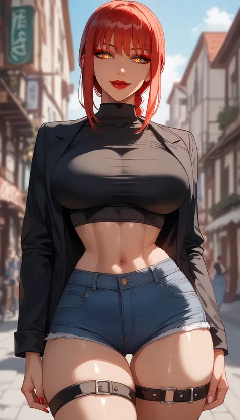  perfect eyes、 perfectly sexy face、ultra detailed、 yellow eyes 、Makima、Chainsaw Man、Hair with a light shade of red、shiny hair、( Big breasts ), black shirt、black jacket、Tight Waist、 thin waist 、 dark blue denim shorts、 Thigh straps 、 shiny skin 、 tanned ski...