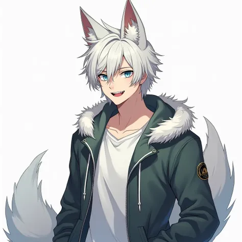 A 20 year old man, masculine, with fox ears, fox tail,  slightly sharp canine teeth . beautiful. with a muscular body,  but wearing casual clothing .  White skin color,  light blue eyes ,  medium size hair up to shoulder height, unnatural white hair .