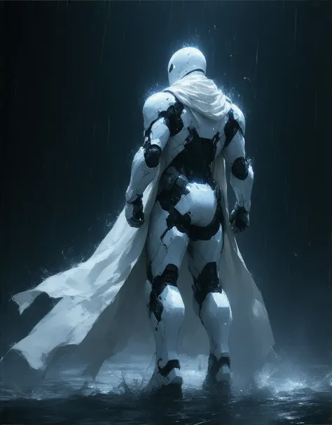 Cyber moon knight standing in the rain with his cape open, moon knight, cybernetic, moon knight, style of raymond swanland, streamlined white armor, marvel concept art, inspired by Jim Lee, high quality concept art, white, sleek streamlined white armor, cy...