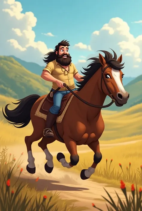  I want an animated image for elementary school ren according to this story : TWO BEARDED MALE PEASANT ADULTS IN THE HIGHLANDS OF PERU ARE RUNNING SCARED BECAUSE A DIABOLICAL HORSE WITH FIERY EYES IS FOLLOWING THEM IN A HURRY


