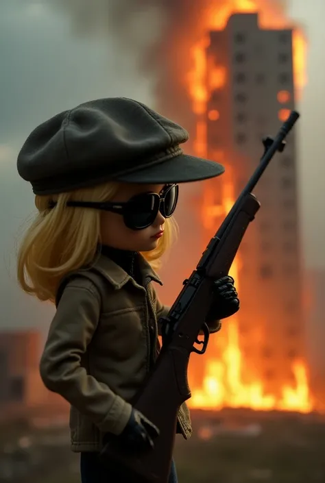 Blonde doll in dark glasses and cap holding a rifle looking at a building on fire