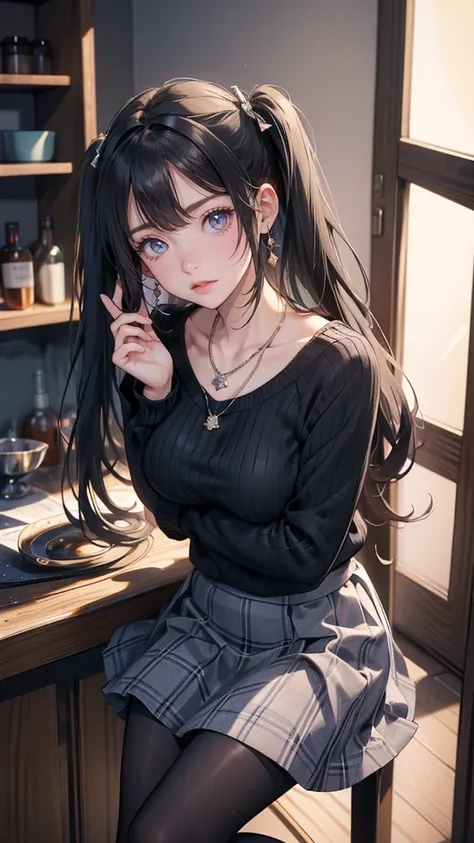 (Random Pose)sfw, masterpiece, Best Quality, High resolution, detail hands, detail fingers, detail face, detail leg, perfect lighting, (1girl, solo, detail girl, 20 years old girl), cute girl, (black hair, Twintail , Gray eyes, medium breast), (black ribbe...