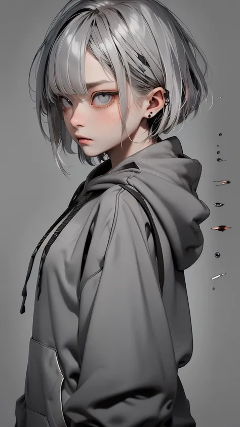   movie poster with a young woman as the protagonist、 (Silver_hair, dark gray_hair,two-tone_hair:1.4)、( short bob:1.2)、(Clear Silver Eyes 1 .3)Glare、 Her face has a fixed expression  ,(Plain ash gray hoodie:1.5)、(black simple background 1 .4)、Rough, With d...