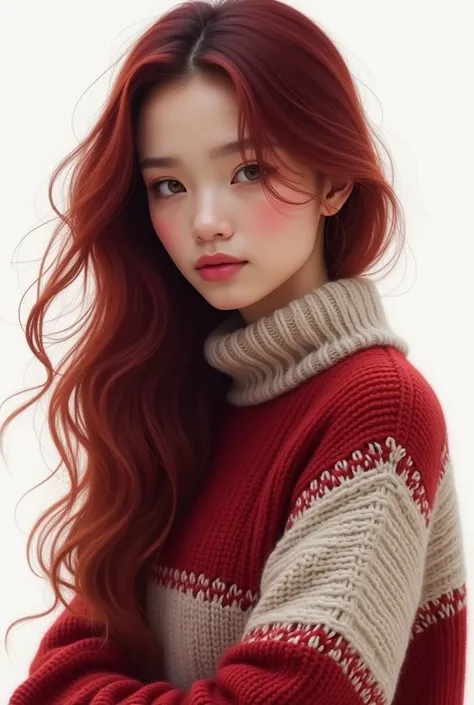 Girl with red wine tones and long hair wearing red and white sweater on a white background