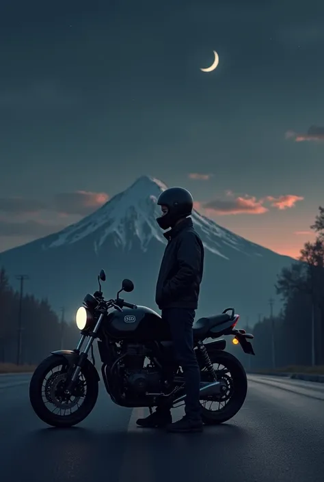 The lonely baiker boy with his black helmet and his black motorcycle parked on a street and in the background a mountain and the dark sky with the stars and the moon and a few rays of sun still on the side of the mountain 
