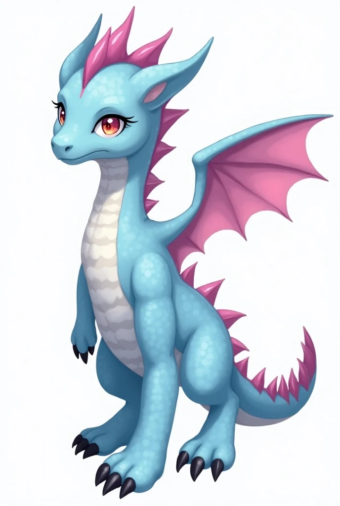 Anthro dragoness with light blue scales and white scales un the front of his neck and torso and two ovals at his inner thighs. With black claws in hands and feets, with wings membranes of pink coloration with everything between them blue, with a tail of th...