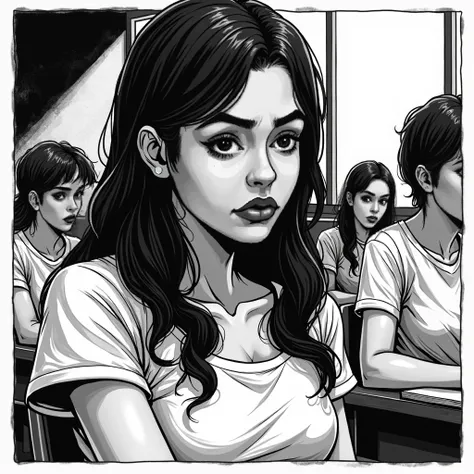 Create a black and white comic about which she listens to her classmates and her face reflects pain and determination