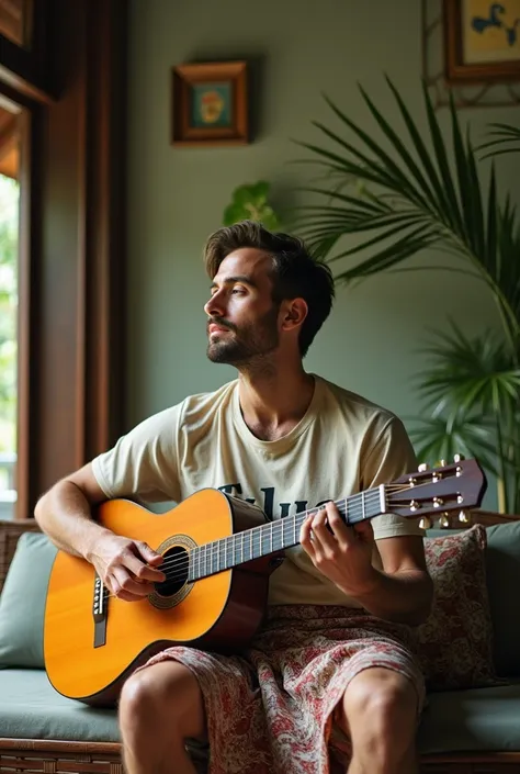 a man sitting relaxed while playing the guitar. He was wearing a T-shirt that read "TULUS" and sarong, in beautiful house, leica, film photography, 8k ,Man, UHD, detailed