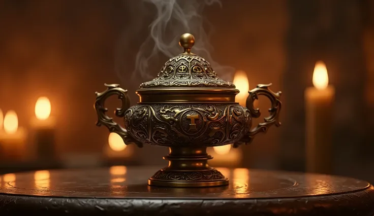 A detailed incense burner, biblical era, intricate ornate design, brass metal, flickering flame, warm lighting, religious atmosphere, dramatic chiaroscuro lighting, cinematic composition, highly detailed, photorealistic, 8k, masterpiece, concept art, moody...