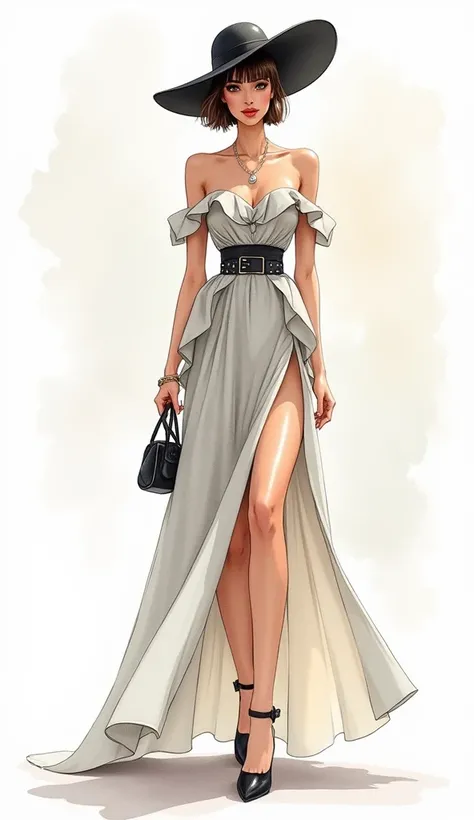 "Create a watercolor illustration inspired by the attached sample. Draw a tall, slender model with short, straight hair, large eyes, and a large mouth. The model wearing an off-the-shoulder top and a high-slit skirt should exude confidence in her pose. She...