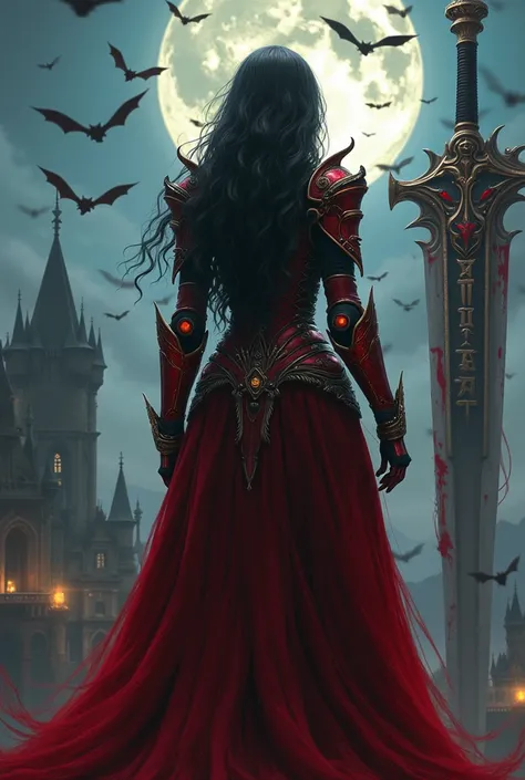 A beautiful vampire girl with long wavy hair is wearing red armor stained with blood, "suttanipata"Im looking down from the castle with bats and a huge weapon with the words “.