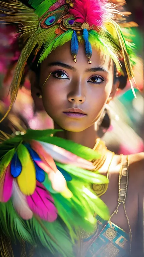 close up of a beautifull pre-balinese girl, intricate apparel with colourfull feathers, (8K raw photo), highest quality, detailed green eyes, dark studio, award winning image, dark studio, colour explosion,