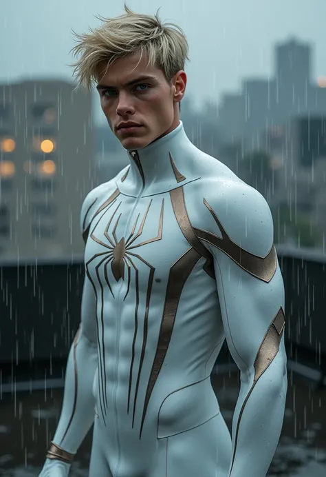  boy , white spider man suit, shooted hair, blonde, beautiful face, rain, roof, masterpiece, intricate detail, perfect anatomy