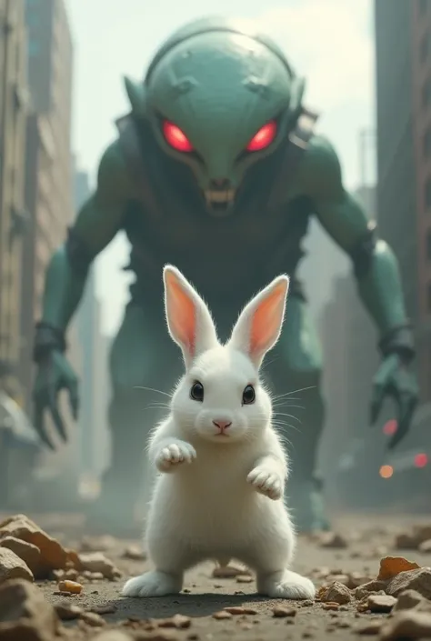 A Brave big white rabbit hopped to the alien, determined to save his city, using his strong leg in A I picture 