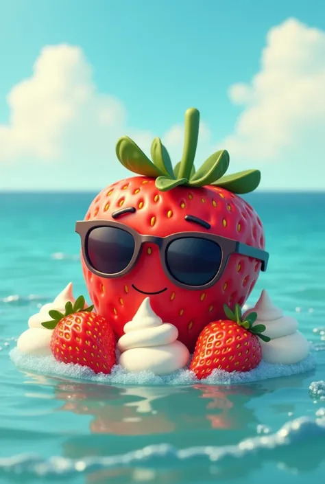 An animated strawberry eating strawberries with cream with sunglasses in the sea