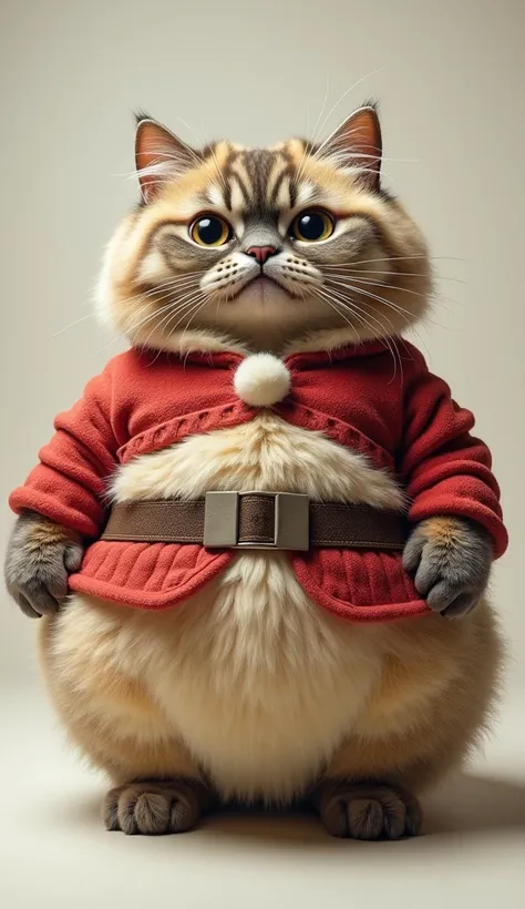 Ugly fat cat 、 Cat cosplaying Christmas cake、 Standing on two legs facing the front 、Fluffy fur、Fluffy wool 、 skirt with open pupils 、 High Quality 、delicate、Cat wearing a cake costume 