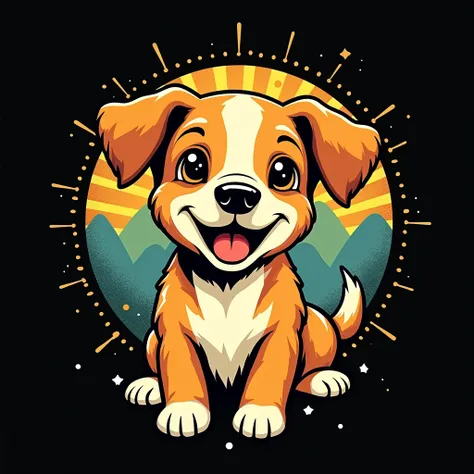 Design a vivid expression artwork featuring an adorable dog with floppy ears and a joyful expression, positioned centrally. Use a retro/vintage style with a warm color palette of mustard yellow, burnt orange, and cream, accented by teal and muted green for...