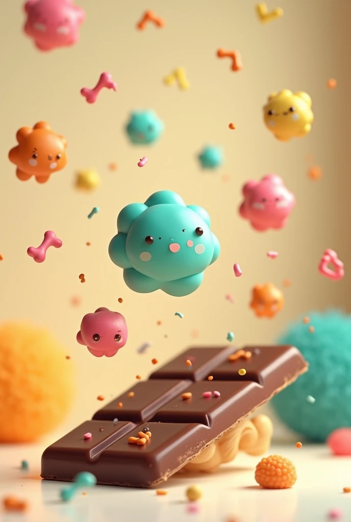 "A fun fact visual with animated endorphin molecules floating around a bar of chocolate, set against a cheerful background."
