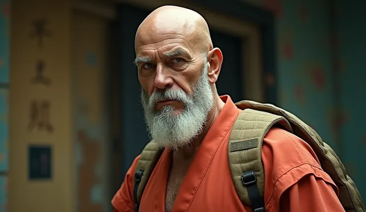 Real life Man similar to Mel gibson as Master Roshi from Dragon Ball Z, with classic uniform of the anime, 1950s Super Panavision 70 film stock, 70mm, vintage, retro, great body, beautiful cinematography, grainy, Ultra 4k, ultra-detailed, ultra-realistic, ...