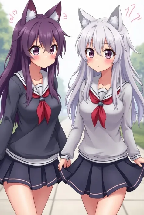 Two anime-style girls with big boobs and cat ears in school clothes with a very short skirt, very revealing as they walk around blushing, one has purple hair and the other white and windy and they lift their skirts a little to reveal their underwear