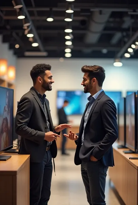 Vignette 2: ( Juan walks into the store and approaches a seller , a smiling man named Luis .) Luis: "Hello!  What can I help you with today ?" Juan: " Im looking for a new television ,  something that has an 8K resolution and compatibility with artificial ...