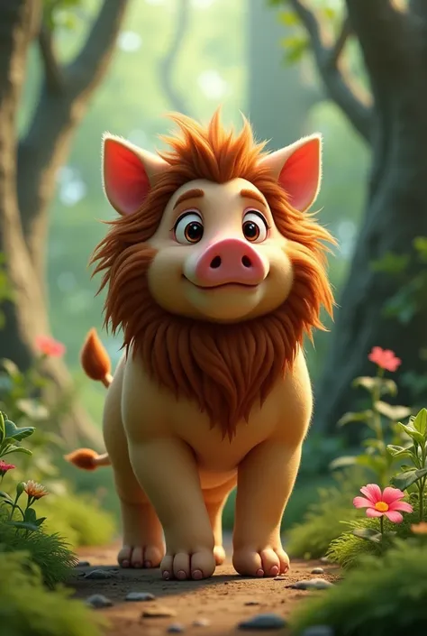 Create pig to lion mix up 3d animation image in forest