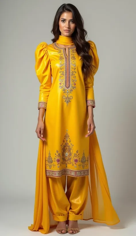 skinny tall and striking woman brown wavy hair style exudes confidence and charm with a flirtatious expression. she is adorned in a stunning slimfit punjabi style outfit featuring a yellow patent leather highlighted by multicolor embroidery rogan art embel...