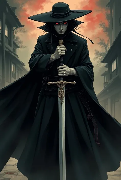  Vampire Slayer
- Long, dark cape
- Hat
- Sword
- Red eyes
- Pale face
Young and handsome with mysterious but beautiful eyes, with a Japanese drawing style from the 90s 