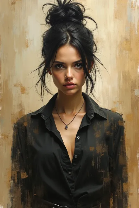 The image presents a work of art that combines figurative and abstract elements. in the center, the portrait of a woman with a serious expression and intense gaze is shown, with dark hair gathered in a slightly messy bun, leaving loose strands that frame h...