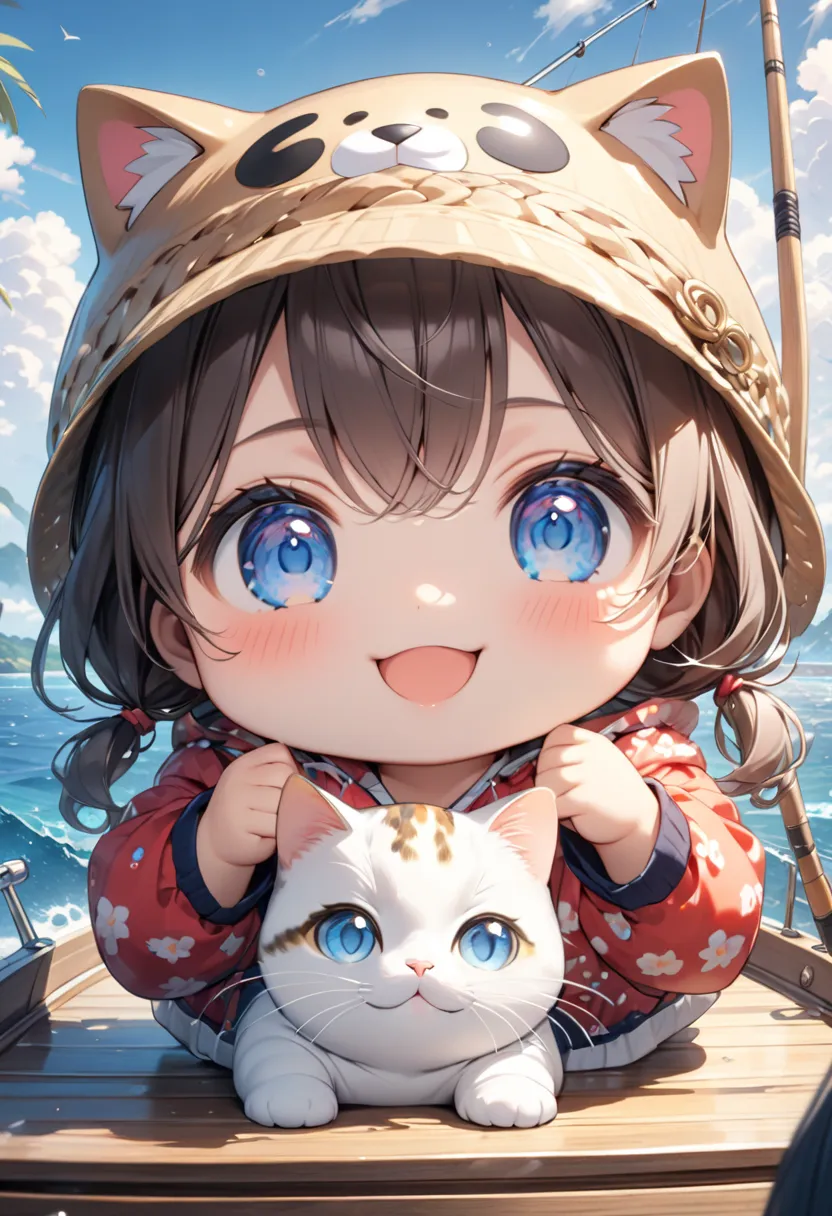 (masterpiece, ultra-detailed, best quality, clear focus, dramatic scene, cinematic), shadow, (ultra-high resolution, 8k), perfect anatomy, perfect face, (detailed face, detailed eye, chibi), cute Japanese chibi girl, famous Japanese chibi idol, (chibi:1.3), very beautiful and cute and cool face, (wearing a cute outdoor wear:1.3), slim waist, (large breasts), (she is fishing on the boat on the sea:1.3), amazing view of tropical ocean, (with a fat cat, detailed cat:1.2), smile, she looks so happy, (She just caught a huge tuna:1.3)