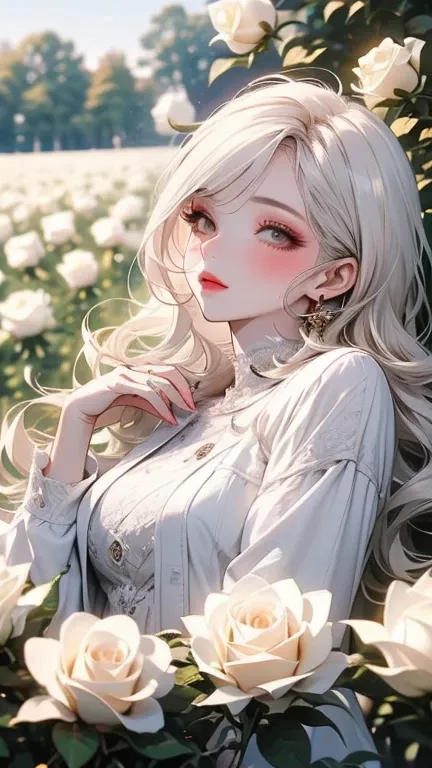 (一个 lying in a field of white roses 的韩国人 ,   lying in a field of white roses , edge, White hair, ,  wearing a dark black emo suit  , Long eyelashes, Pink mouth,  blush, luster, , Hands in the hair .