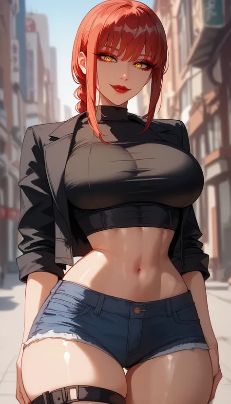  perfect eyes、 perfectly sexy face、ultra detailed、 yellow eyes 、Makima、Chainsaw Man、Hair with a light shade of red、shiny hair、( Big breasts ), black shirt、black jacket、Tight Waist、 thin waist 、 dark blue denim shorts、 Thigh straps 、 shiny skin 、 tanned ski...