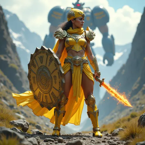 Crie uma guerreira muscular de Power Ranger yellow ,with water armor , yellow power ranger helmet , and a fire sword and a stone shield, Shes in a mountainous valley , And in the background a giant Megazord