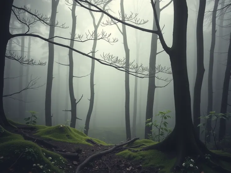 A serene forest blanketed in thick fog, soft light filtering through the trees, dew-laden leaves glistening faintly, moss-covered ground with scattered wildflowers; the scene feels mystical and untouched, with a palette of muted greens, whites, and grays, ...